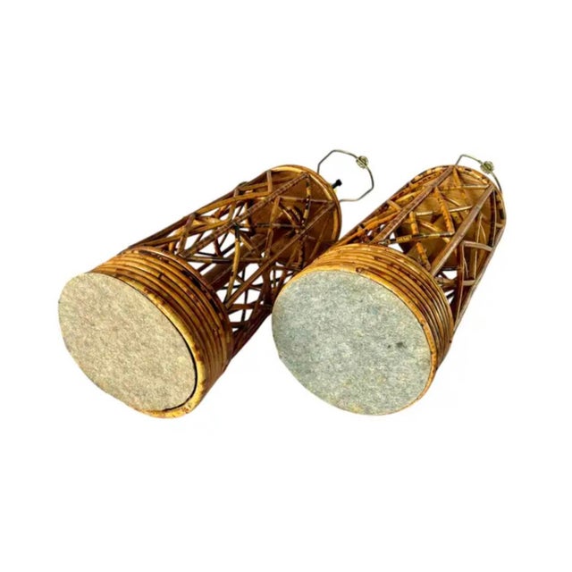Vintage Mid Century Rattan and Bamboo Cylinder Table Lamps, a Pair For Sale - Image 13 of 13