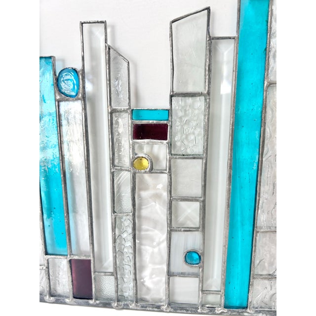 Mid-Century Modern Vintage Teal Geometric Stained Glass Window Panel For Sale - Image 3 of 10