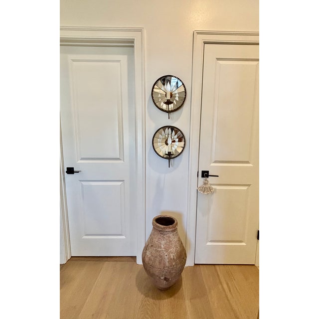 French Antique Large Scale French Concave Mirrored Reflector Sconces - A Pair For Sale - Image 3 of 18