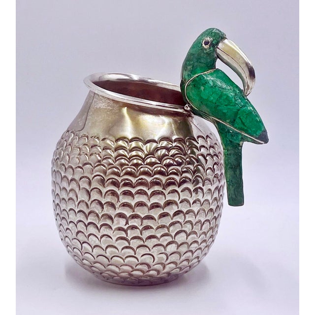 Los Castillo 1960s Los Fajardo Taxco Toucan Pitcher Malachite Silver Plate For Sale - Image 4 of 18