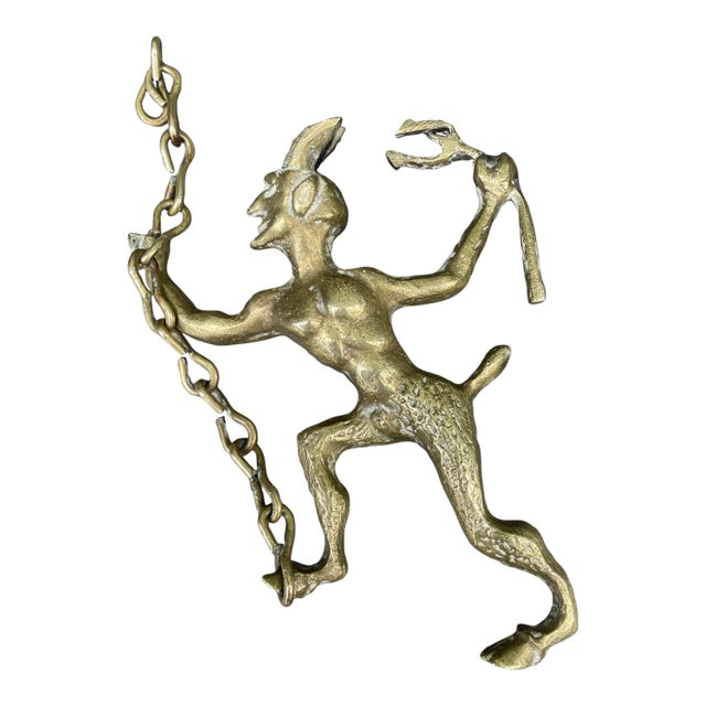 1900s Victorian-Era Solid Brass Satyr/Devil Fireplace Damper/Flue-Pull For Sale