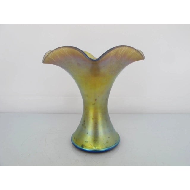 1910s Steuben Aurene 723 Gold Blue Iridescent Ruffle Art Glass Vase For Sale - Image 5 of 8