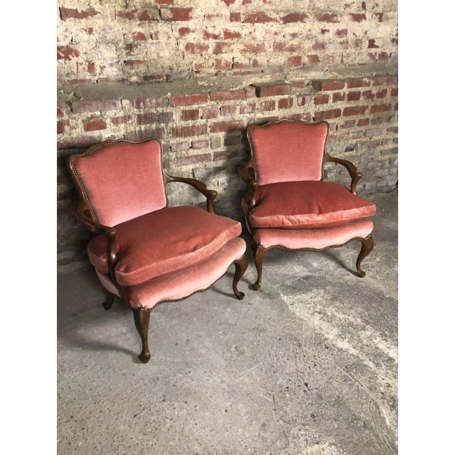 Set of Mid-Century English Oak and Pink Velvet Lounge Chairs For Sale - Image 10 of 13