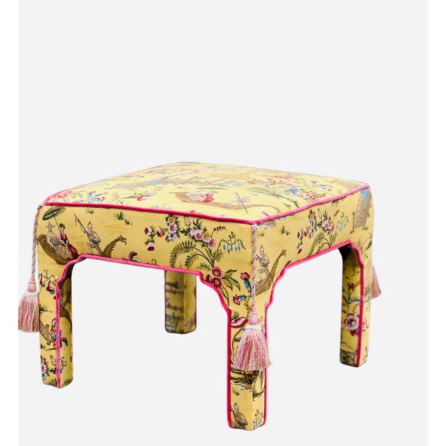 Pair Vintage Parsons Ottomans/Benches in Vibrant Chinoiserie Upholstery. Whimsical print on citrus background with shades...