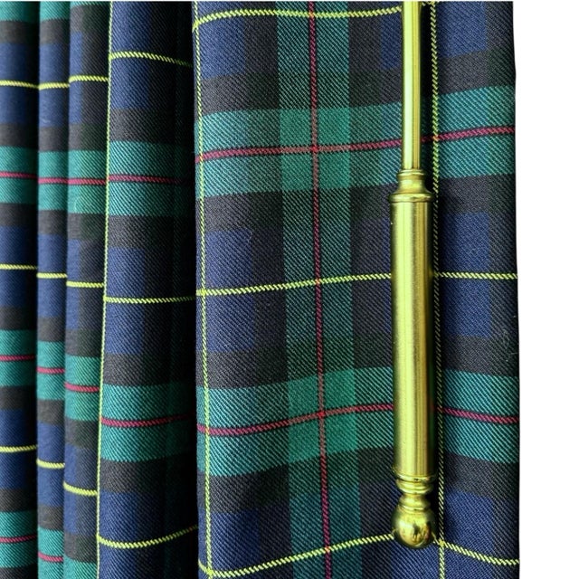 English Tartan Plaid Wool Blend Two-Width Curtain Panels With Aged Brass Pole - A Pair For Sale - Image 3 of 7