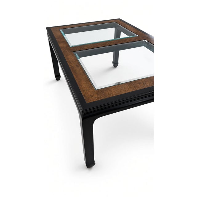 Black 1970s Attributed to Chin Hua by Raymond Sobota for Century — Black Lacquer & Burl Glass-Top Extension Table, Model 540-333 For Sale - Image 8 of 11
