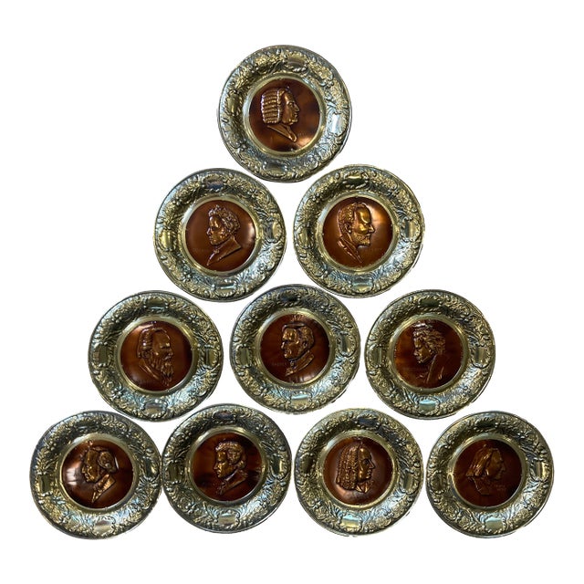 Midcentury English Brass & Copper Composer Plates, Set of 10 For Sale