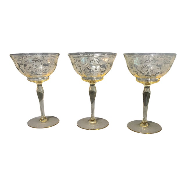 Vintage Fostoria Yellow Versailles Floral Wine Cocktail Glasses- Set of 3 For Sale
