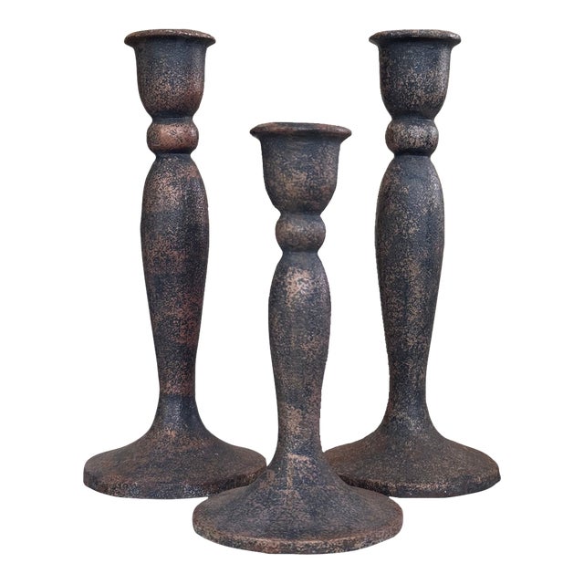 Spanish Revival Vintage Metal Candle Stick Holders - Set of 3 For Sale