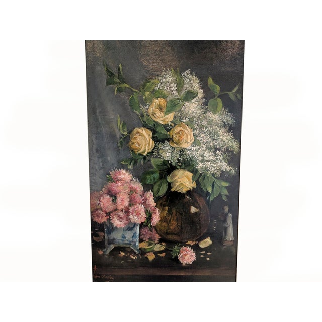 Late 19th century oil on canvas still life of yellow roses and lilacs in an amber glass vase and pink asters in a blue...