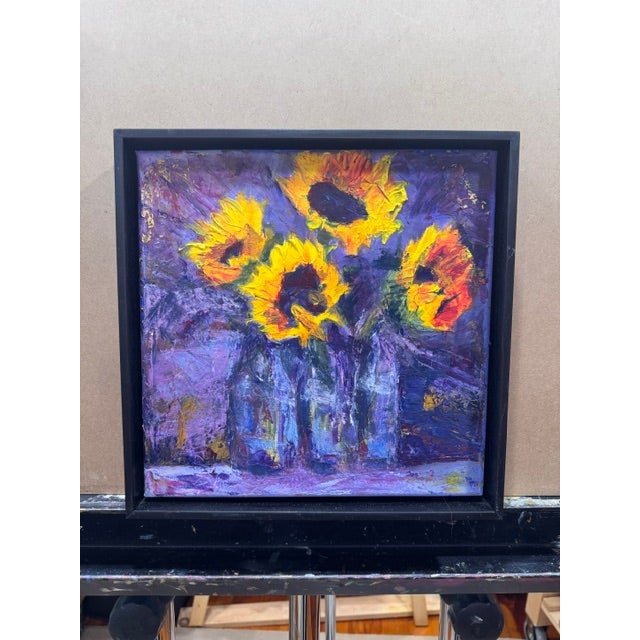 Sunflowers in Blue Bottles by Kathleen Varadi, Contemporary Floral Still Life Painting For Sale - Image 9 of 9