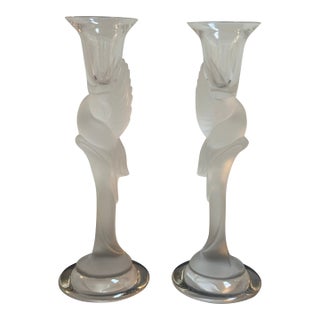 Pair of Frosted Crystal Snow Kissing Doves Candlesticks Sign Igor Carl Faberge for the House of Faberge Made in France For Sale
