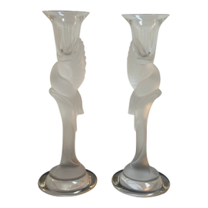 Pair of Frosted Crystal Snow Kissing Doves Candlesticks Sign Igor Carl Faberge for the House of Faberge Made in France