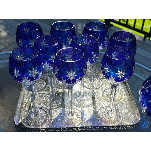Vintage Set of 9 Horst Belda Germany Sapphire Cut-to-Clear Wine Hocks With Matching Decanter - 10 pcs For Sale - Image 12 of 12