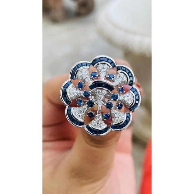 Boho Chic Cocktail Ring Blue Sapphire and Diamond Ring in 14k White Gold Size 7 For Sale - Image 3 of 9