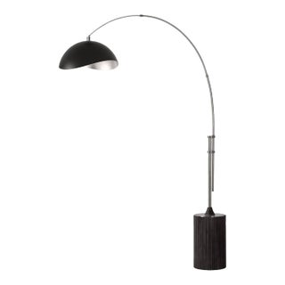 1980s Nova of California Mid Century Floor Lamp - Luna Bella Modern Arc Lamp, Satin Nickel, Black Oak Base, Matte Black/Silver Shade For Sale