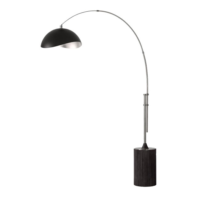 1980s Nova of California Mid Century Floor Lamp - Luna Bella Modern Arc Lamp, Satin Nickel, Black Oak Base, Matte Black/Silver Shade For Sale