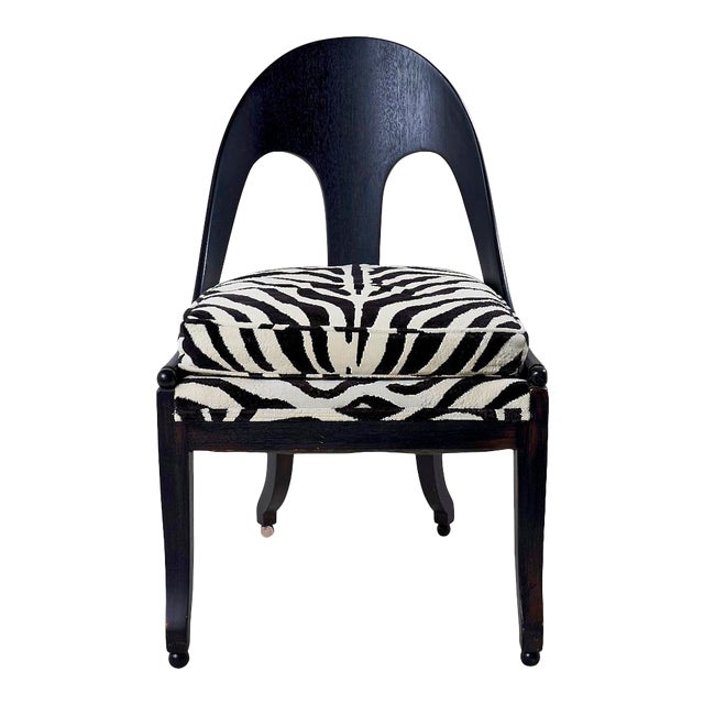 Mid-Century Ebonized Vintage Spoon Chair Upholstered in Schumacher Fabric For Sale