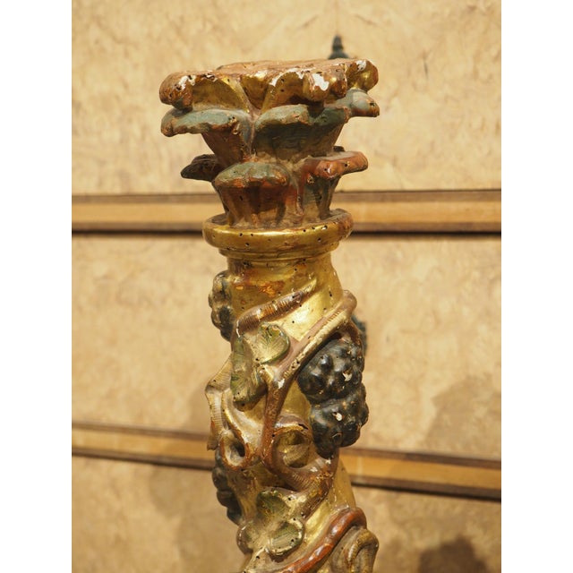 Gold Pair of 17th Century Italian Giltwood and Polychrome Grape Leaf Table Columns For Sale - Image 8 of 18