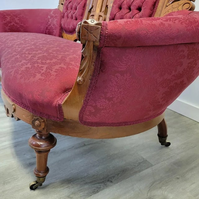 19th-Century Renaissance Revival Carved Walnut Loveseat With Tufted Damask Upholstery For Sale - Image 12 of 18