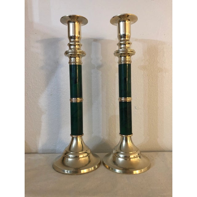 Brass Vintage Faux Malachite and Brass Candlesticks by Andrea by Sadek - a Pair For Sale - Image 8 of 8