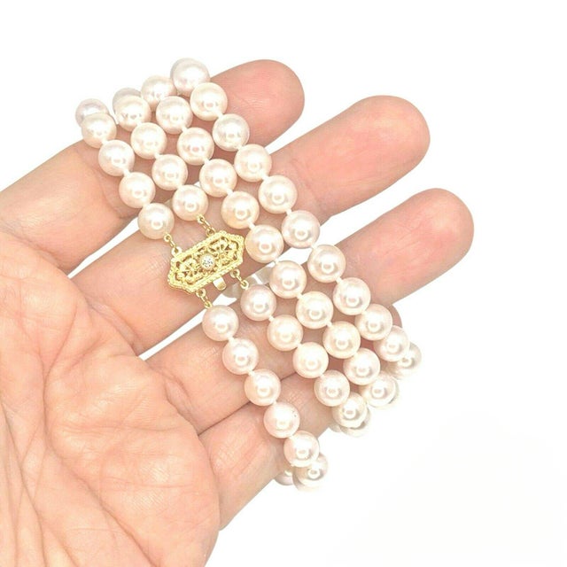 Metal 1990s Diamond Akoya Pearl Necklace 8 Mm 14k Gold 17 in 2-Strand Certified For Sale - Image 7 of 16