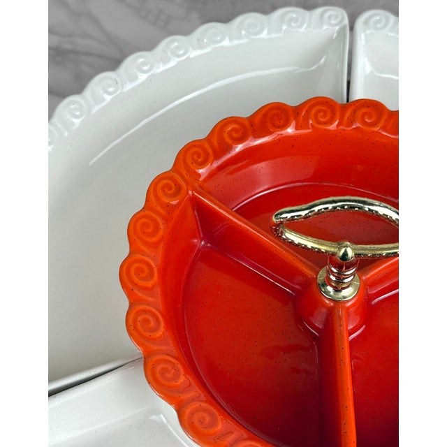 Orange Mid-Century California Pottery Orange & White Lazy Susan Chip & Dip Centerpiece For Sale - Image 8 of 11
