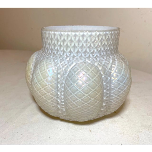 Up for sale is a wonderful antique hand blown Bohemian glass vase by Kralik. It's blown by hand out of an iridescent white...