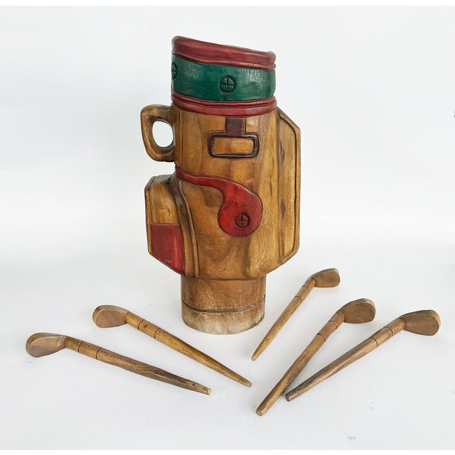 Vintage Life-Sized Carved Wood Set of Golf Clubs Sculpture and Bag For Sale - Image 9 of 10