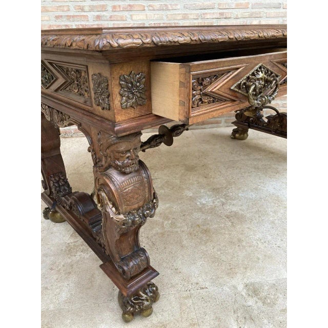 Renaissance Carved Walnut Desk with Three Drawers and Bronze Mounts, 1860s For Sale - Image 17 of 18