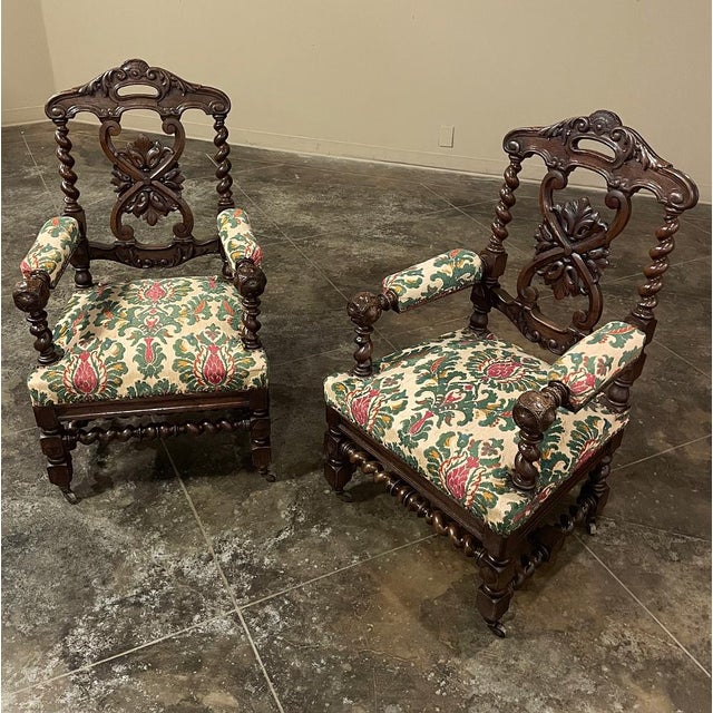 Wood Pair 19th Century Renaissance Revival / Louis XIII Style Barley Twist Armchairs in Solid Oak For Sale - Image 7 of 17