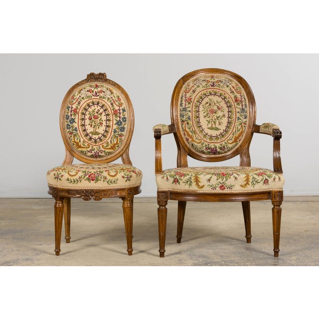 French Set of Six 19th Century French Walnut Side Chairs, Louis XVI Style For Sale - Image 3 of 18