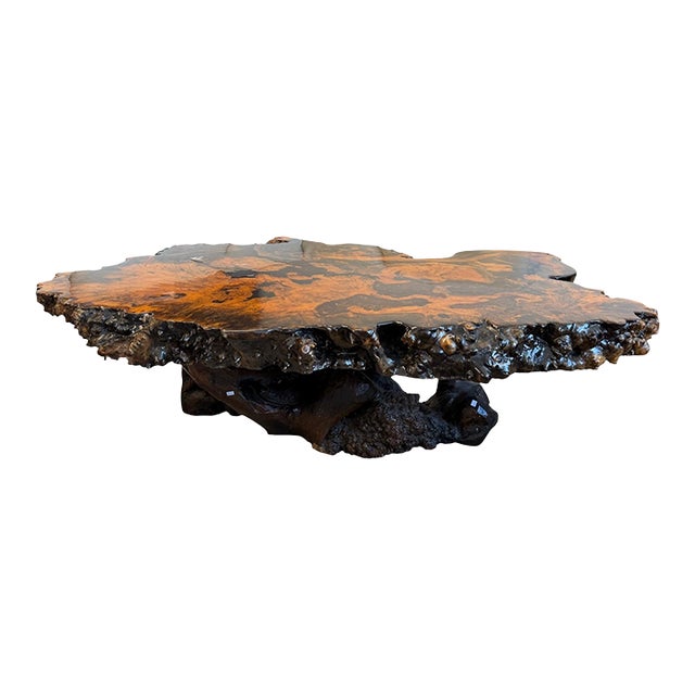 1970s Organic Burl Wood Live Edge Coffee Table With Sculptural Root Base For Sale