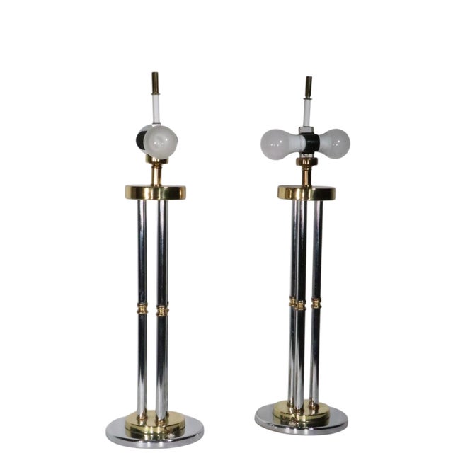 Hollywood Regency Late 20th Century Hollywood Regency Chrome and Brass Table Lamps - a Pair For Sale - Image 3 of 12