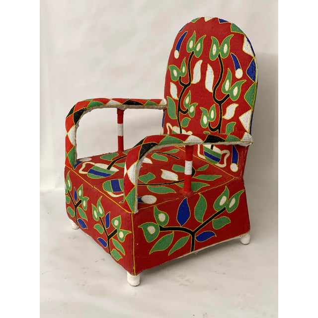 Tribal Handmade African Beaded Chair in Red and Green For Sale - Image 3 of 5