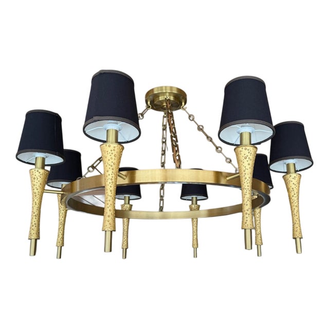 Prosecco Chandelier in Satin Brass with Black Shades by Jamie Drake for Boyd Lighting For Sale