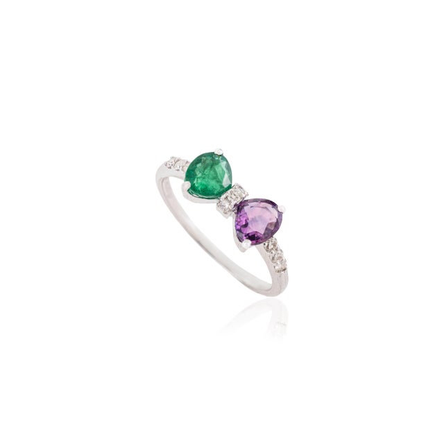 Shabby Chic Geometric Emerald Amethyst & Diamond Two Stone Bow Ring Size 7 in 14k Gold For Sale - Image 3 of 15