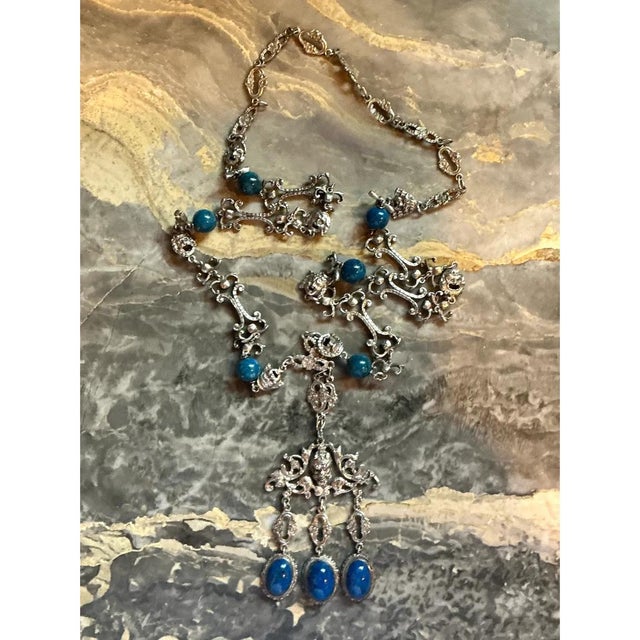 Metal Vintage Ornate Silver Necklace With Blue Stones For Sale - Image 7 of 11