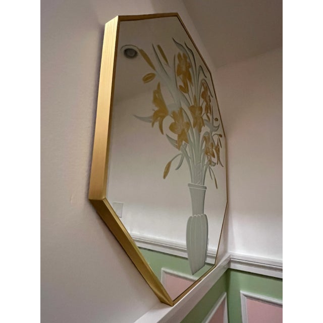 Brass Octagon Brass Etched Floral Mirror, Circa 1970 For Sale - Image 8 of 10
