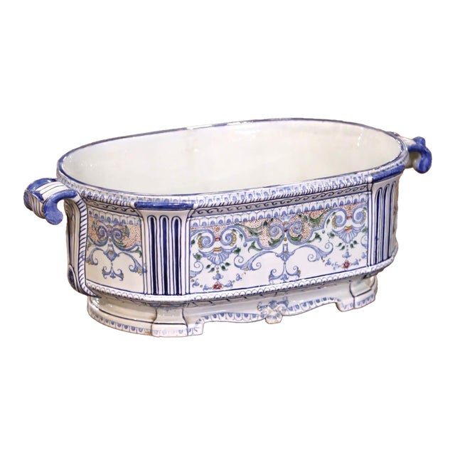 Early 20th Century French Desvres Faience Jardinière With Mask Handles and Scrollwork For Sale