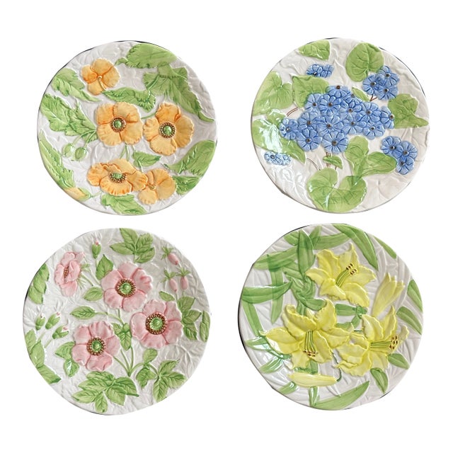 Vintage Shafford Majolica Style Floral Plate Set of 4 For Sale