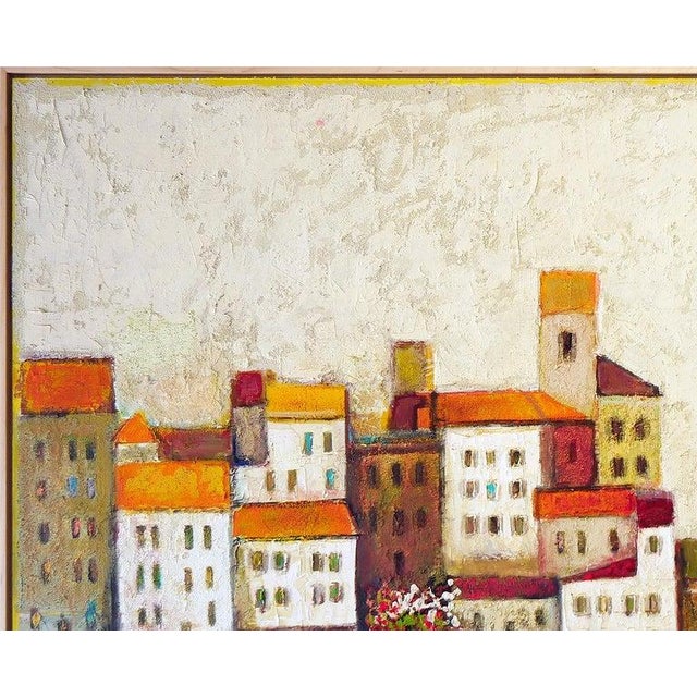 Abstract 20th Century Warm-Toned Abstract Modern Village by the Ocean With Boats Landscape by David Adickes For Sale - Image 3 of 14