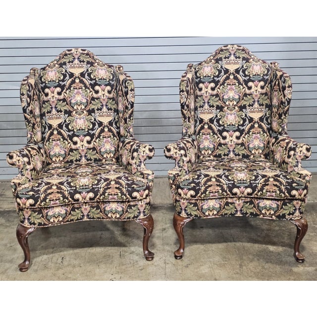 Store Item: Pair Southwood Mahogany Philadelphia Style Wing Chairs Needlepoint Tapestry Fabric made in North Carolina...