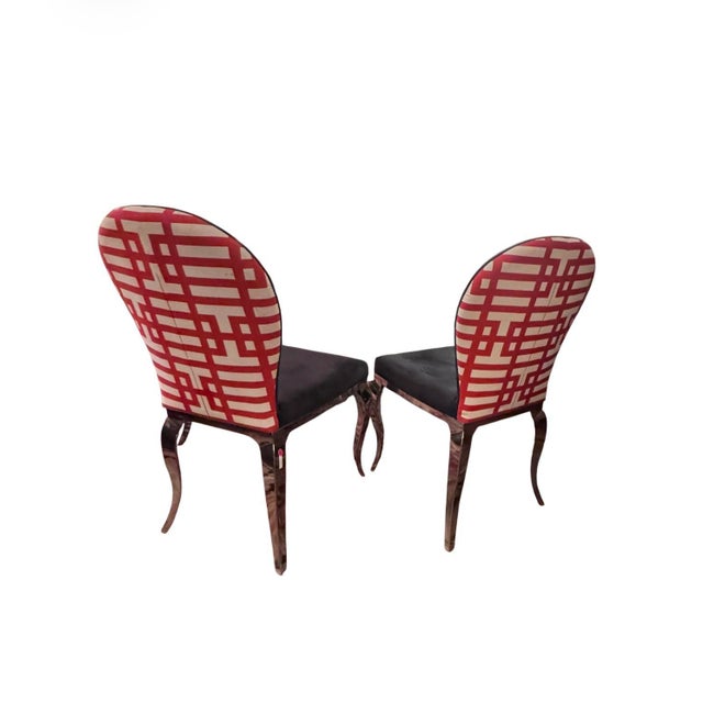 Set of Four Hollywood Regency Slipper Chairs With Jonathan Adler Fabric & Chrome Legs For Sale In Houston - Image 6 of 7