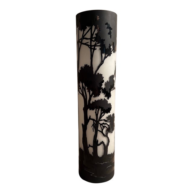 Large Cameo Glass Cylinder Vase Black and White For Sale