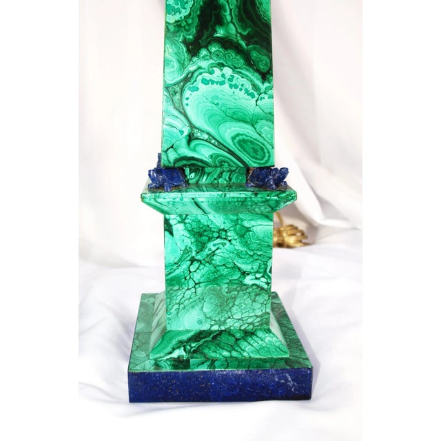 1990s Pair Vintage Malachite Stone Lamps With Lapiz Lazuli Accents For Sale - Image 5 of 12