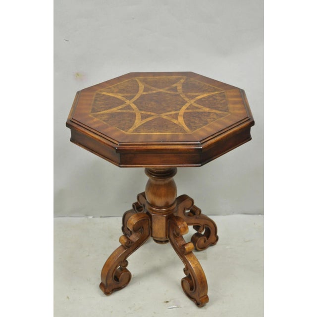 Contemporary Italian Mediterranean Style Marquetry Inlay Pedestal Base Side Table. Circa Mid 20th Century. Measurements:...