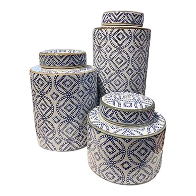Asian Blue & White Circle Print Porcelain Jars- Set of 3 For Sale