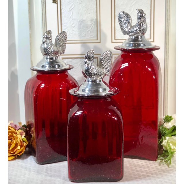 Mexican Hand Crafted Red Glass Pewter Rooster Lid Canisters Kitchen Set