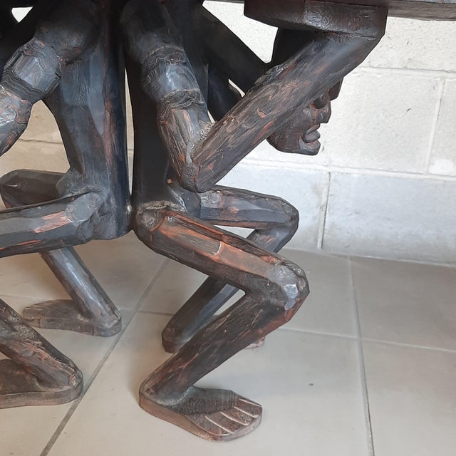 Wood African Table in Carved Wood with Tribal Sculpture For Sale - Image 7 of 16